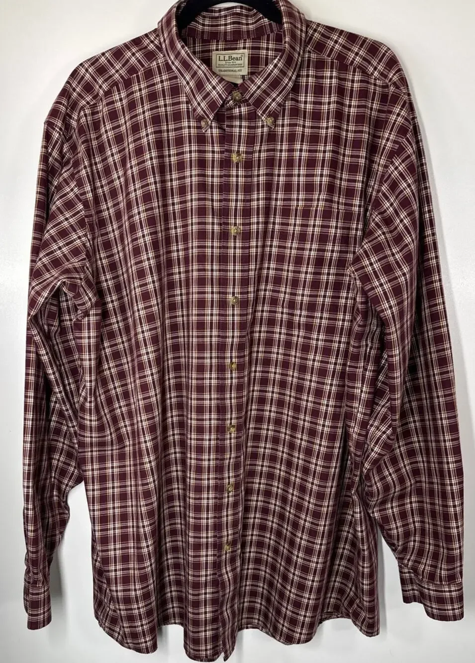 L.L. Bean Men's XXL Tall Burgundy Plaid Cotton Shirt, Traditional Fit